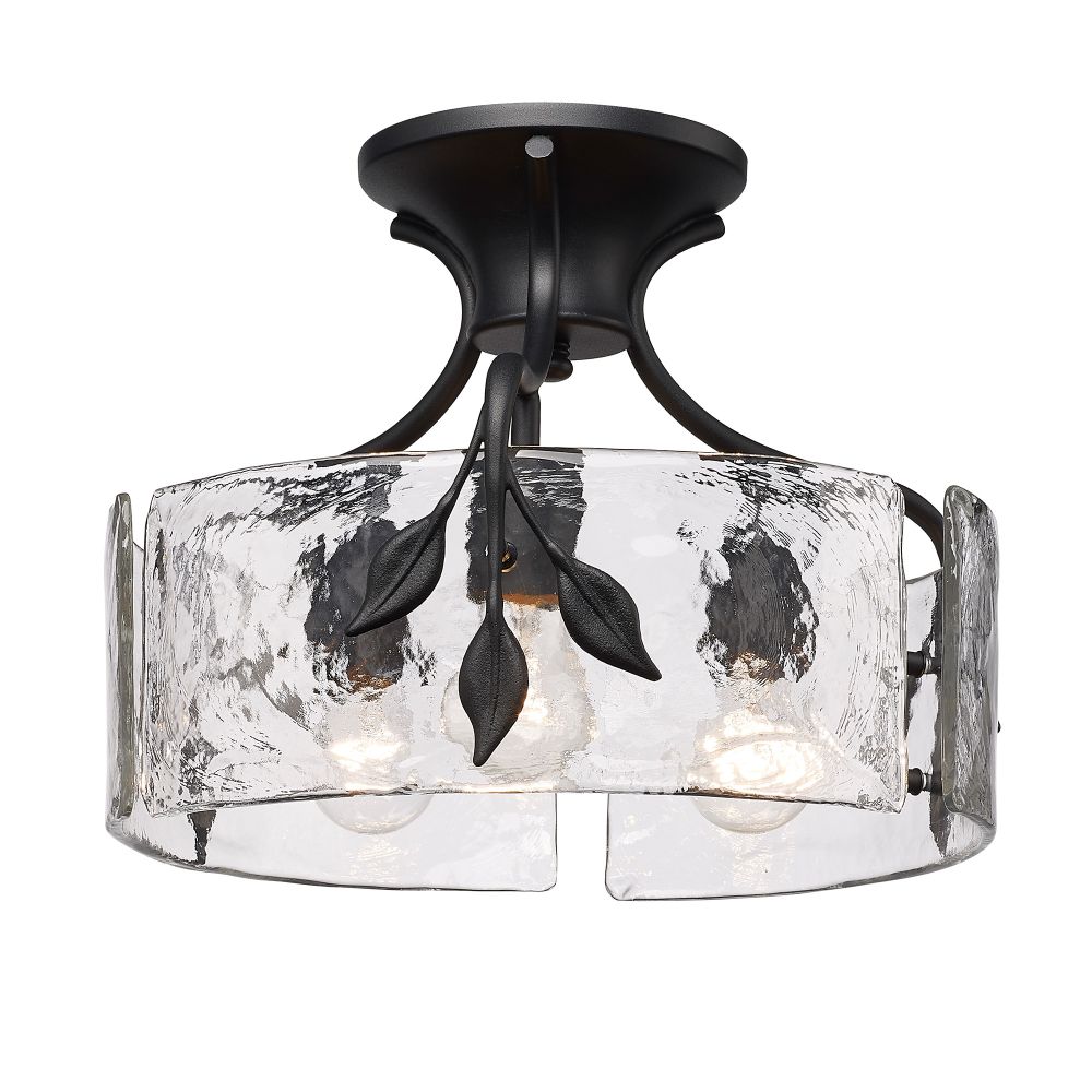 Golden Lighting 3160-SF NB-HWG Calla 3 Light Semi-Flush in Natural Black with Hammered Water Glass Shade
